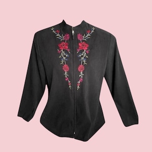 Vintage 90s Embroidered Microsuede Jacket: Petite Floral Zip-Up