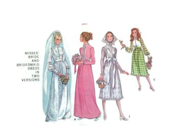 Vintage 70's Wedding Bridal McCall's Sewing Pattern 1970's Bride Dress, Bridesmaids, Misses Size 12 Bust 34 Uncut Factory Folds 70's Dress