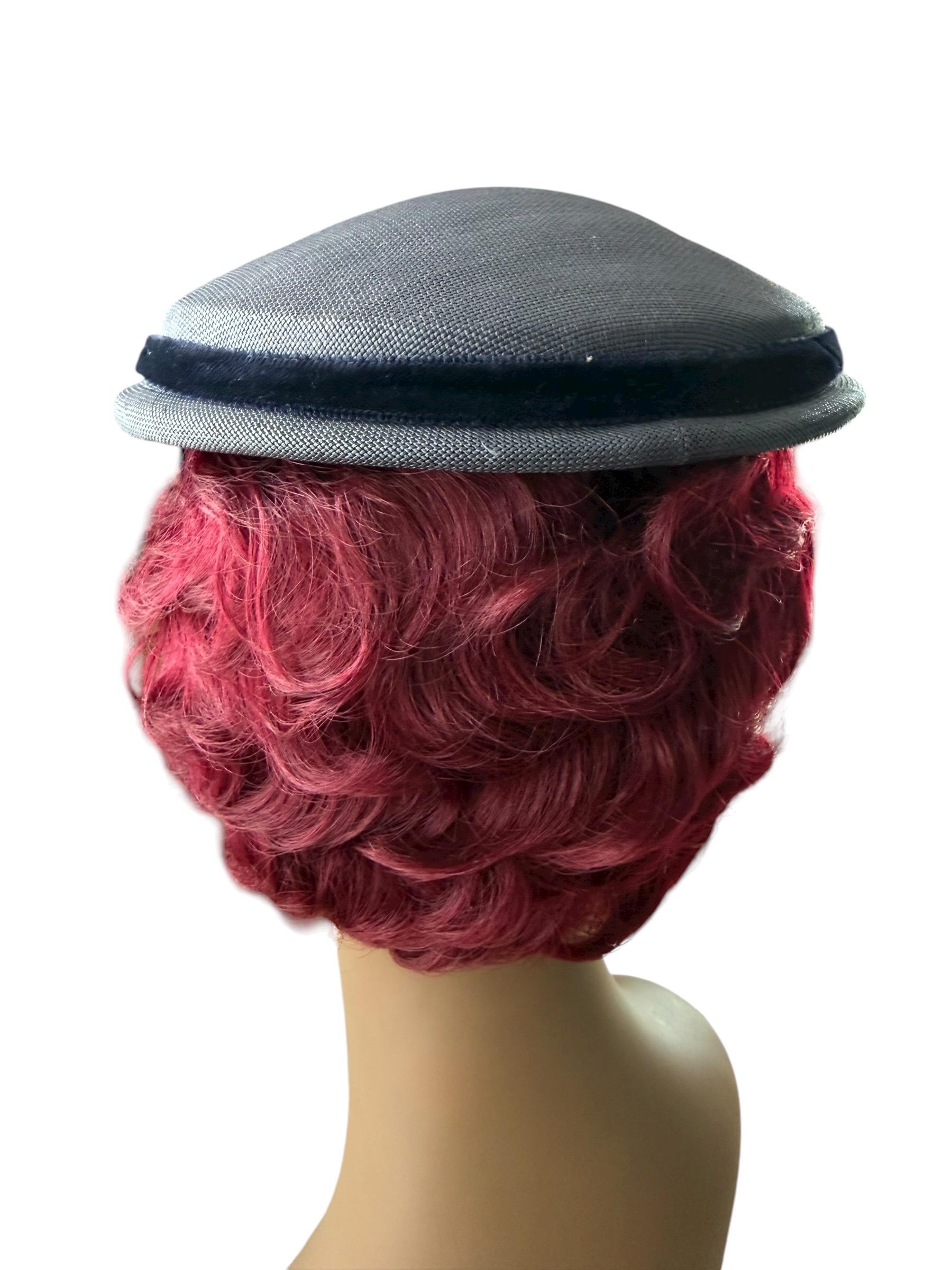 Vintage 1940s Navy Blue Straw Hat with Velvet Bow 1940s Black Straw Hat Velvet Red Navy Blue Ribbon & Veil  main image 3