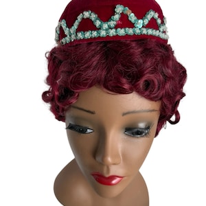 Vintage Sequin Beanie: Burgundy Velvet Skull Cap, 1980s Folk Hat