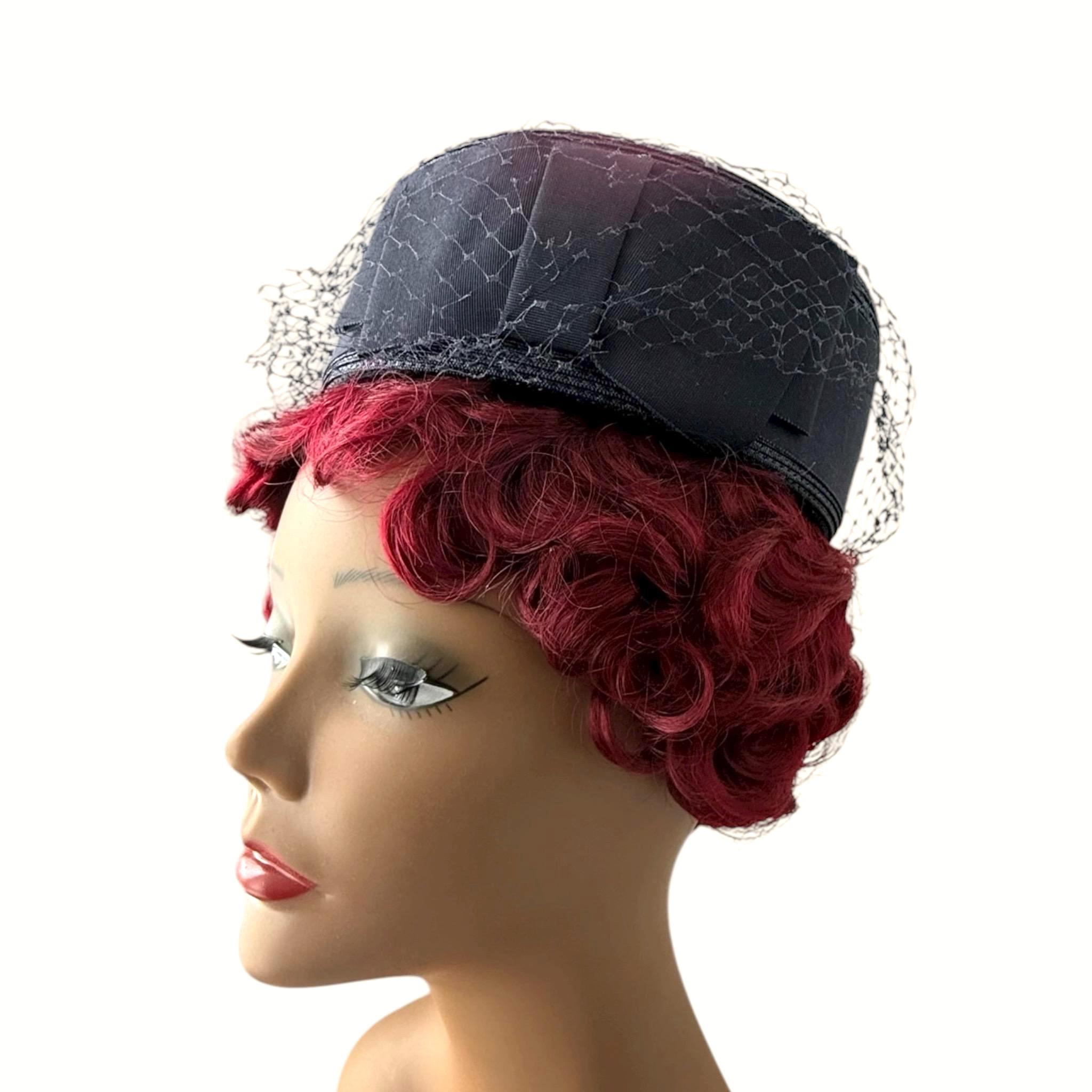 1960s Navy Blue Straw Pillbox Hat | Union Made Vintage Church Cocktail Hat This wide-brimmed 1950s navy blue straw hat features a  main image 3
