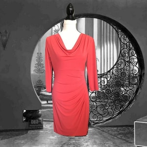 1990s Red Stretch Dress Draped Neckline Ruched Waistline Vintage Donna Rico Red Dress Fitted Slinky Dress Christmas Red Dress Size 6