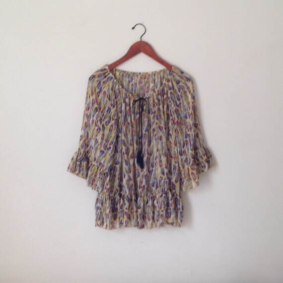 Vintage Chiffon Boho Blouse: Feather Print, Ruffl… - image 5