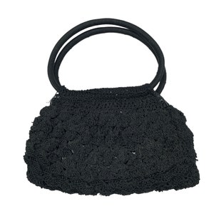 Vintage Woven Handbag with Round Wrapped Handles, Top Handle Bags, Popcorn Stitch Crochet, Small Black Purse, Structured, Evening Bag