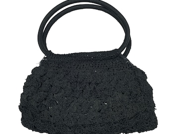 Vintage Woven Handbag with Round Wrapped Handles, Top Handle Bags, Popcorn Stitch Crochet, Small Black Purse, Structured, Evening Bag