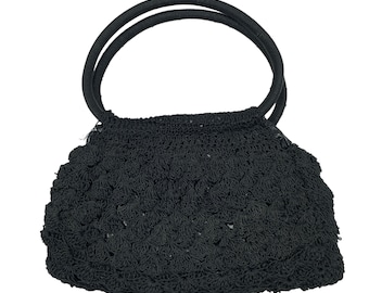 Bolso vintage de crochet negro: bolso con asa superior y punto palomitas de maíz