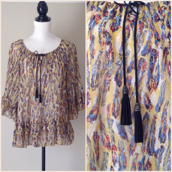 Vintage Chiffon Boho Blouse: Feather Print, Ruffl… - image 2