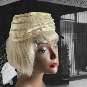 Vintage 1950s 1960s Open Crown White Hat, Ivory Satin with White Pearls, Formal Hat, Wedding Hat
