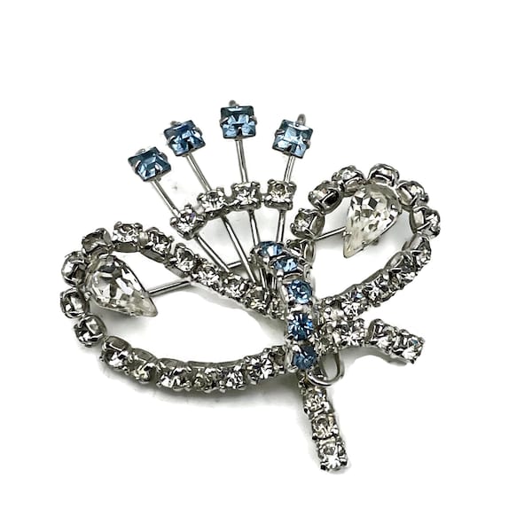 Vintage Blue and White Rhinestine Brooch, Rhinestone Bow, Crystal Brooch, Ice Blue Rhinestones, Wedding Jewelry