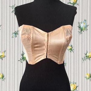 Soutien-gorge sans bretelles vintage des années 40 avec empiècement en dentelle - petit - corset cintré pêche - lingerie sexy - lingerie des années 40 pour femme - burlesque - désossage