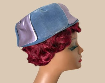 Cappello a tamburello vintage anni '60, in raso blu e velluto, cappelli da donna alla moda di metà secolo