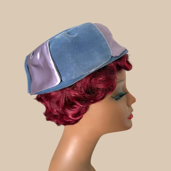 Vintage 1960s Pillbox Hat, Blue Satin and Velvet, Mid  display picture 2