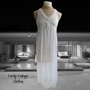 Vintage Nightgown, 1960&#39;s Pink Nylon, Vintage Lingerie, Lace Neckline, Knee Length, Boudoir
