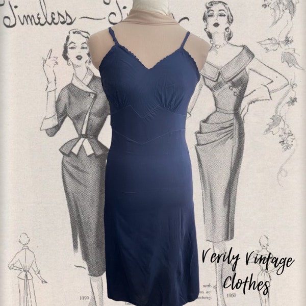 Vintage 1940s 1950s Lingerie Full Slip, Seampruf Navy Blue Rayon Dress Slip, Size 36, Sexy Lingerie, Small Women Underwear