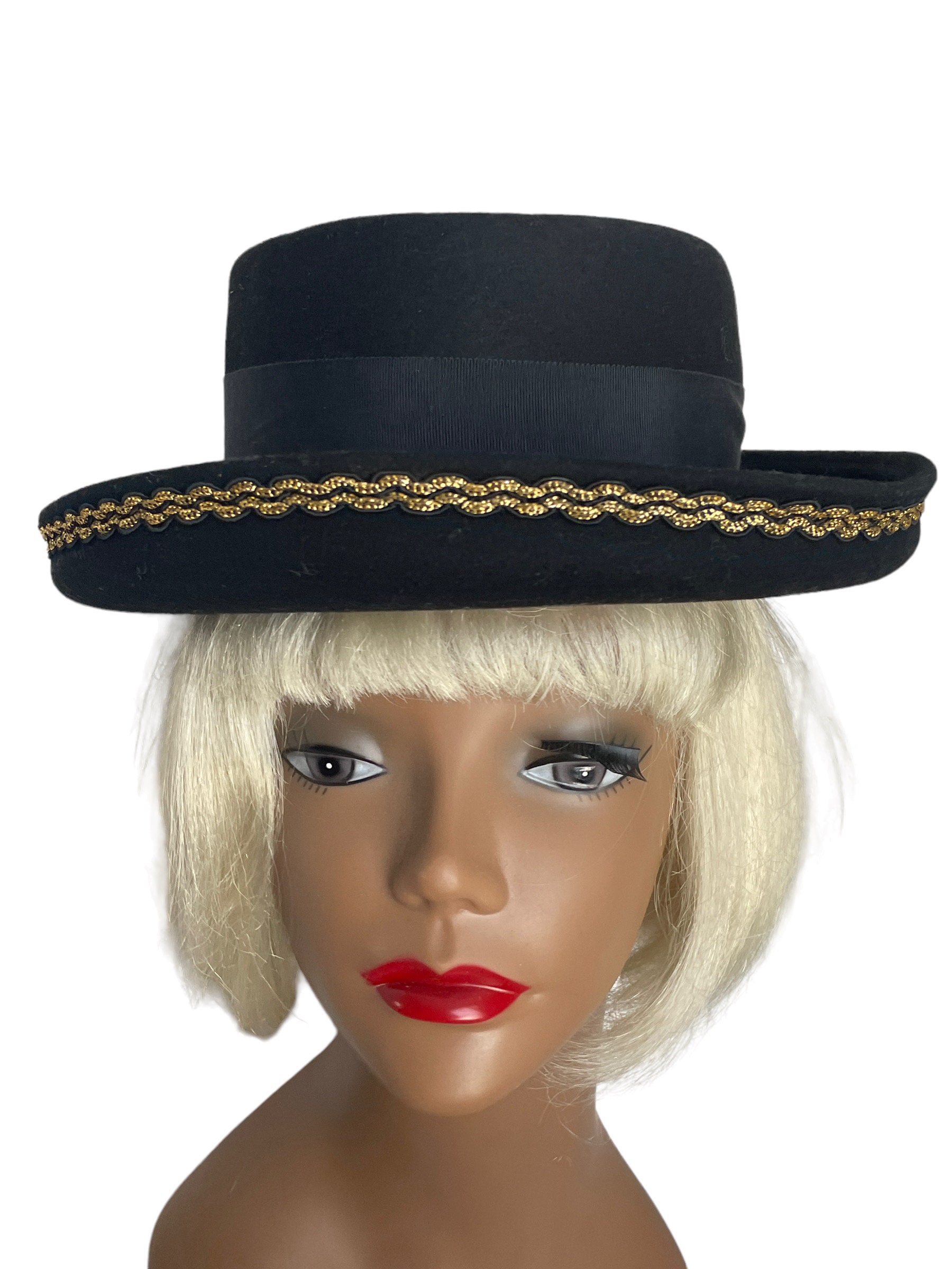VTG Bollman Black Gaucho Felt Boater Hat with Braided Gold-Accent Band 100% wool Bollman Heritage Collection 1890s Boater – Hats.com main image 3