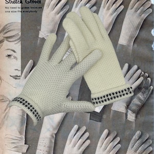 1960s Vintage White Knit Nylon Gloves: Black Trim, One Size