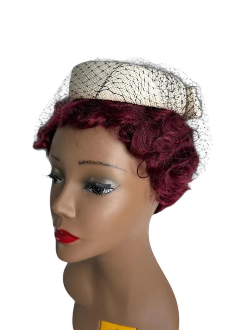 1960s White Pillbox Hat: Vintage Acetate Straw With Black  display picture 1
