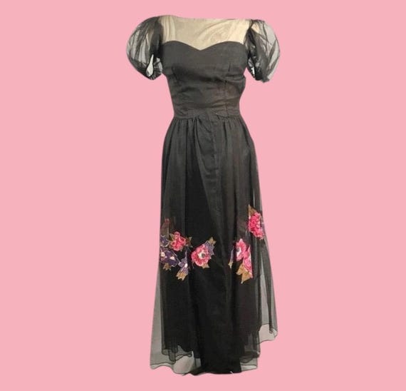 Vintage 1930s Black Tulle Party Dress: Nat Cantor Old Hollywood Gown