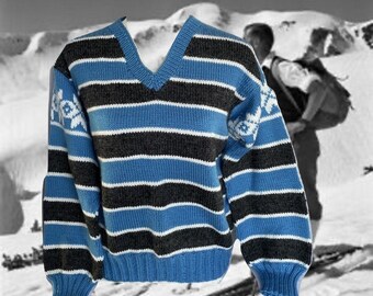 Vintage Hand Knit Winter Sweater, Stripes with Snowflakes, Handmade Heavy Pullover Sweater, Ski Sweater, V Neck