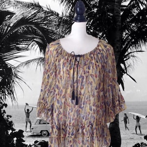 Vintage Chiffon Boho Blouse: Feather Print, Ruffle Sleeve
