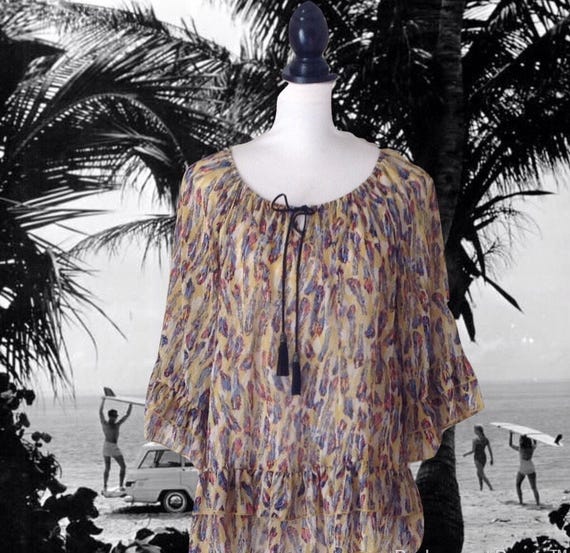 Vintage Chiffon Boho Blouse: Feather Print, Ruffl… - image 1