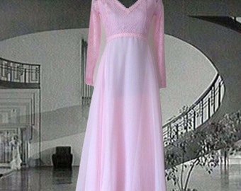 1970&#39;s Pink Lace and Chiffon Boho Gown, Empire Waist, Full Skirt, Long Lace Sleeves, Bridesmaid, Chiffon Dress, Party Dress, Long Dress
