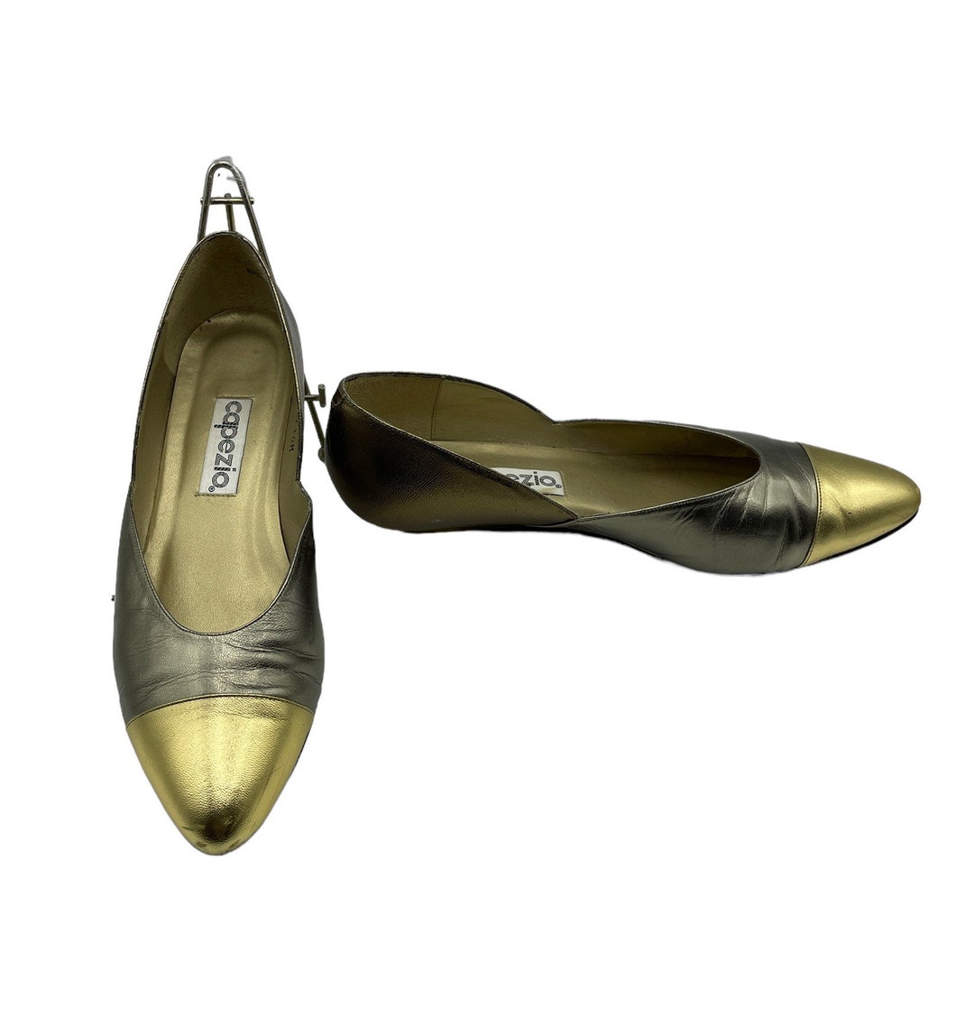Vintage 1980s Capezio Shoes, Gold and Gun Metal Metallic Leather, Size