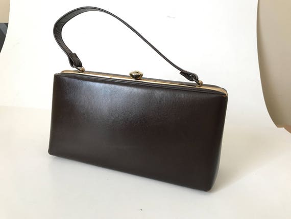 Vintage Handbag Brown Leather with Black Leather … - image 6