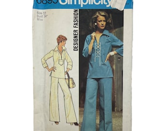 1970s FACTORY FOLDS Vintage Sewing Pattern, Simplicity 6895, Pullover Top and Wide Leg Pants, 1975, Designer Fashion, Un-cut Unused, Size 12