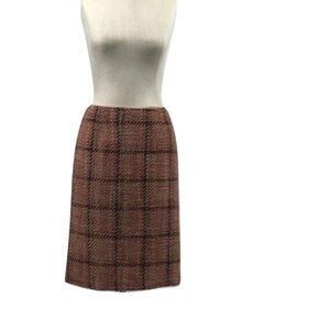 Vintage 60s Wool Plaid Pencil Skirt: Brown Red Beige Wiggle Skirt