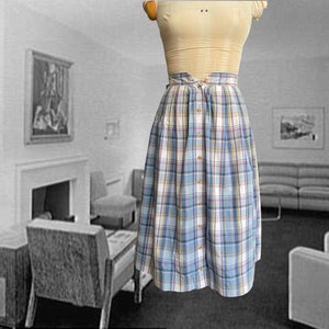 1980s Vintage Madras Plaid Skirt, David Brooks Blue Cotton Skirt with Button Down Front, Waist 26, Below the Knee, Size 8