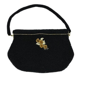 Vintage Beaded Evening Handbag with a Beaded Handle, Black Seed Beads and Gold Rose Embellishment, Small Purse, Top Handle, Goth Steampunk