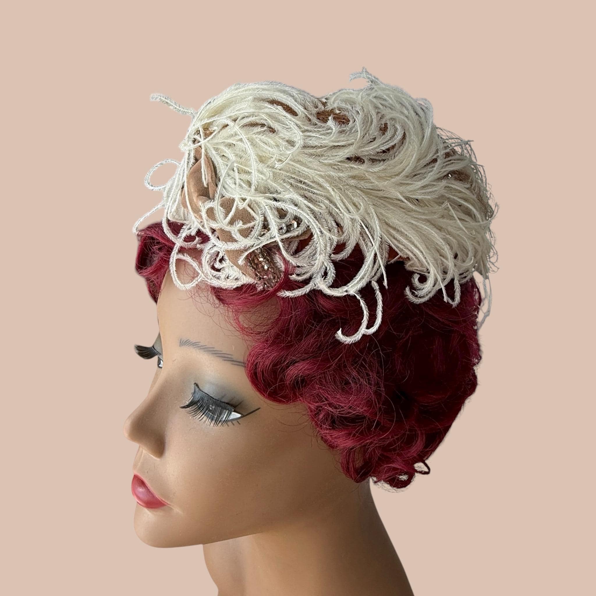Vintage Skul Nips ostrich feathered Cream Pillbox Hair Hat with net Feather Pillbox Vintage Hats for Women for sale | eBay main image 3
