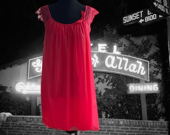 Vintage 1960s Lingerie Nightgown, Vanity Fair Red Chiffon, Lace Trim, Knee Length, Nylon Nightie, Summer Sleepwear, Goddess Wear