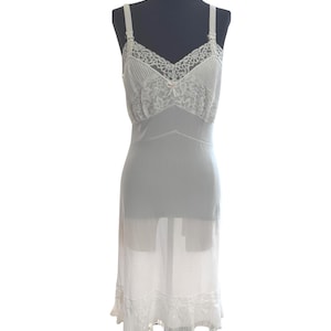 Vintage 1960s White Nylon Slip Dress, Lace Pleated Hem, Size 36