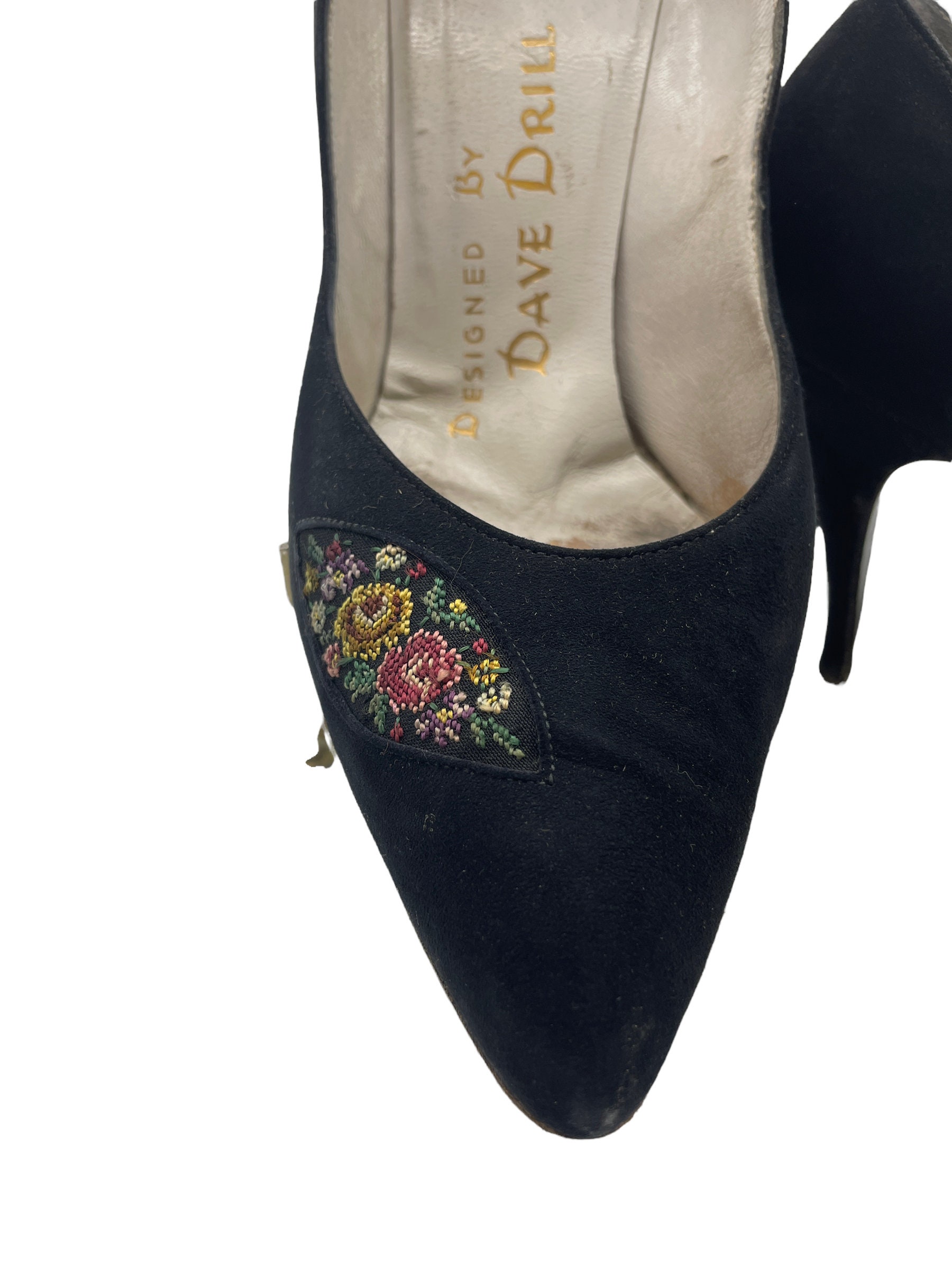Vintage 1960s High Heels, Black Suede With Needlepoint