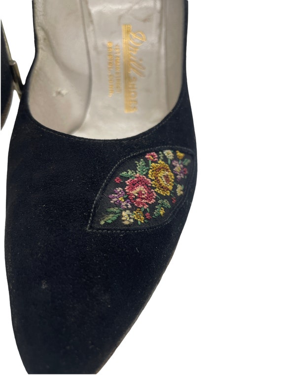 希少 60s~ Vintage Suede Design Heel Shoes Vintage 1960s High Heels, Black Suede With Needlepoint