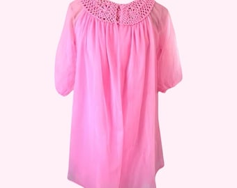 Vintage 60s Coral Chiffon Peignoir Set, Puff Sleeve Lingerie