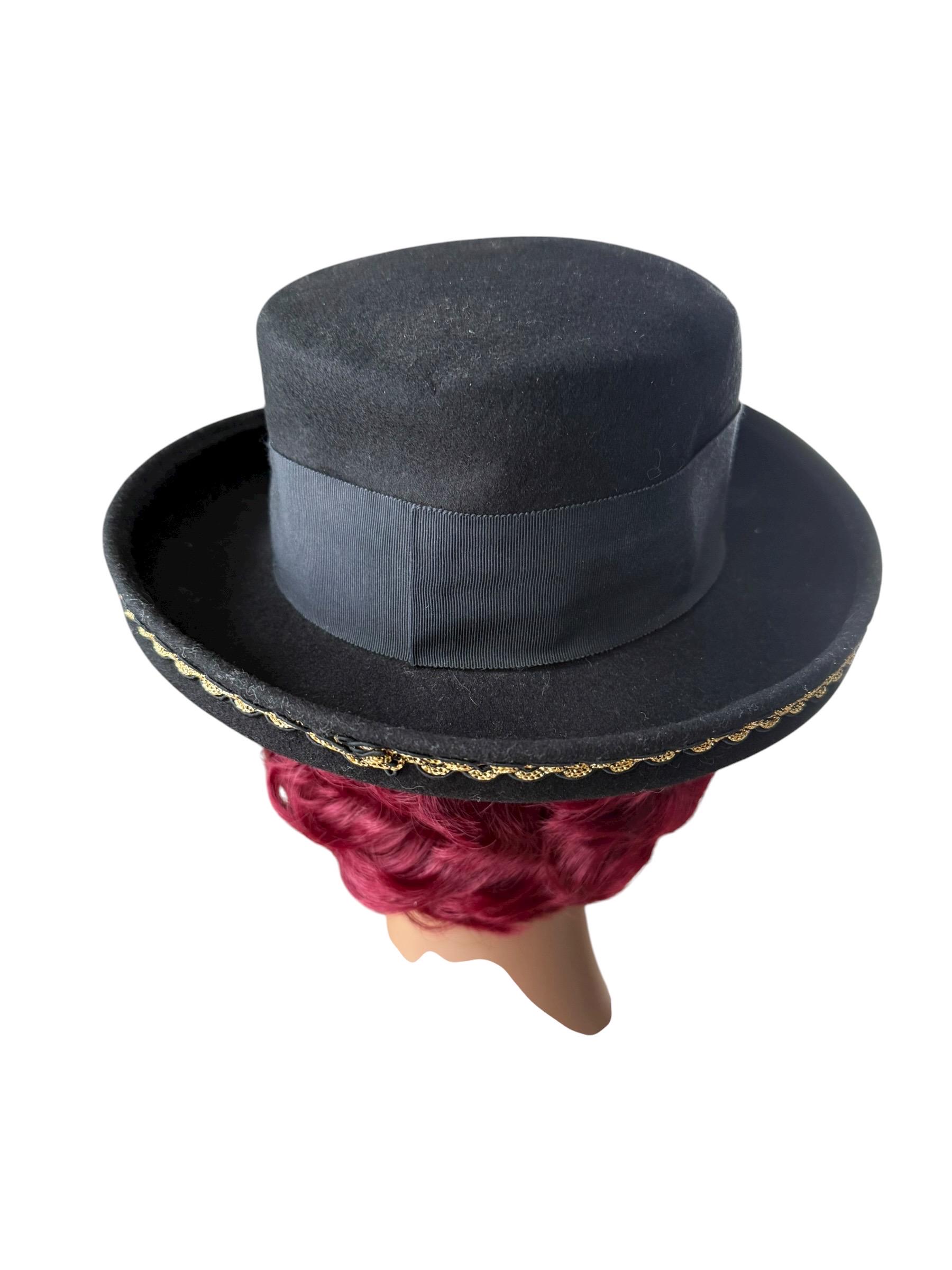 Vintage Doeskin Bollman Bolero Hat Black Wool Felt Sequins And Gold Accent USA Vintage 70s Bollman Black Wool Felt Bolero Hat: Gold Braid  main image 3