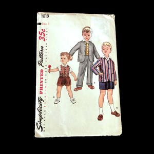 Vintage 1940&#39;s Sewing Pattern Simplicity Boys Jacket Vest and Pants Set Long and Short Pants Size 3 Some Pieces with Factory Folds