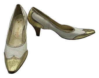 Vintage Gold Spectator Heels: White Leather Kitten Heel Pumps