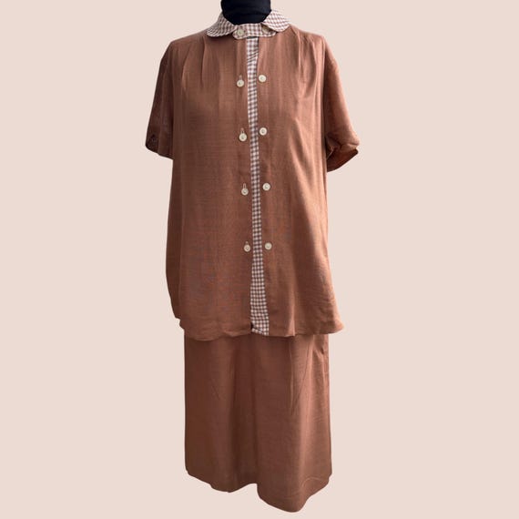Vintage 1960s Maternity Clothes, Brown Linen Two Piece Set, 50s Maternity Clothing