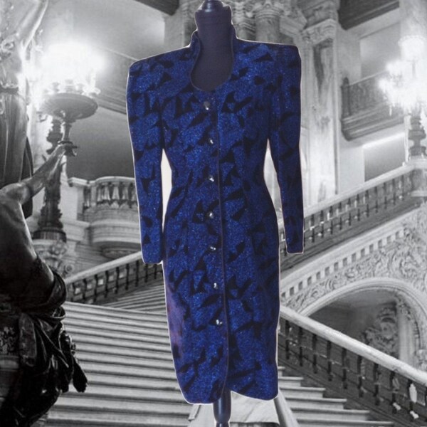 70's Leslie Fay Evenings- Black Velvet Button Down Dress Midnight Blue Metallic Design Glittery Cobalt Long Sleeve Mandarin Neck Coat Dress