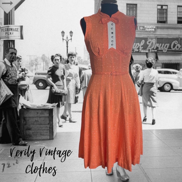 Vintage 1940s 1950s Vintage Dress, Fit and Flare Day Dress, Belted Orange Polka Dot Summer Dress, Gored Skirt, 40s Casual Dress, Size Small