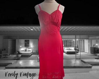 Vintage 1960s Red Lingerie, Shadowline Full Slip with Lace, Rockabilly, Full Dress Slip, Size 38 Tall, Vintage Lingerie, 38 Bust