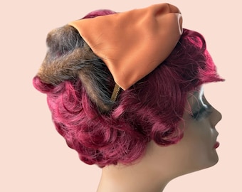 Vintage 1960s Brown Fur Halo Hat with Satin Bow