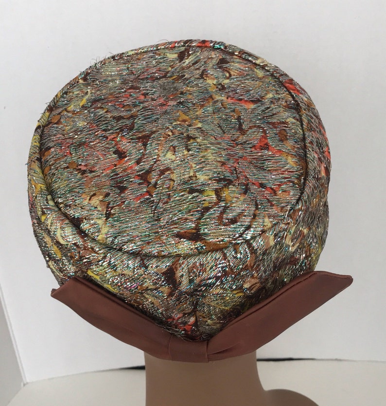 Vintage Metallic Brocade Pillbox Brown Satin Bow 1960s Hat Costume Hat Dressy Hat Formal Hat Union Made Label Brown Green Iridescent