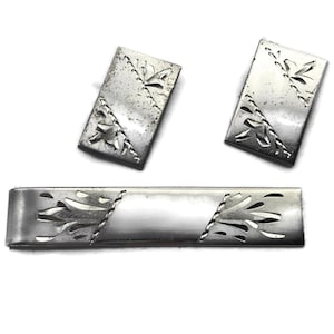 Vintage Cufflinks, Sterling Tie Tac and Cuff Links, Rectangular, Silver Cuff Links, Mid Century Mens Jewelry, French Cuffs, Formal Jewelry