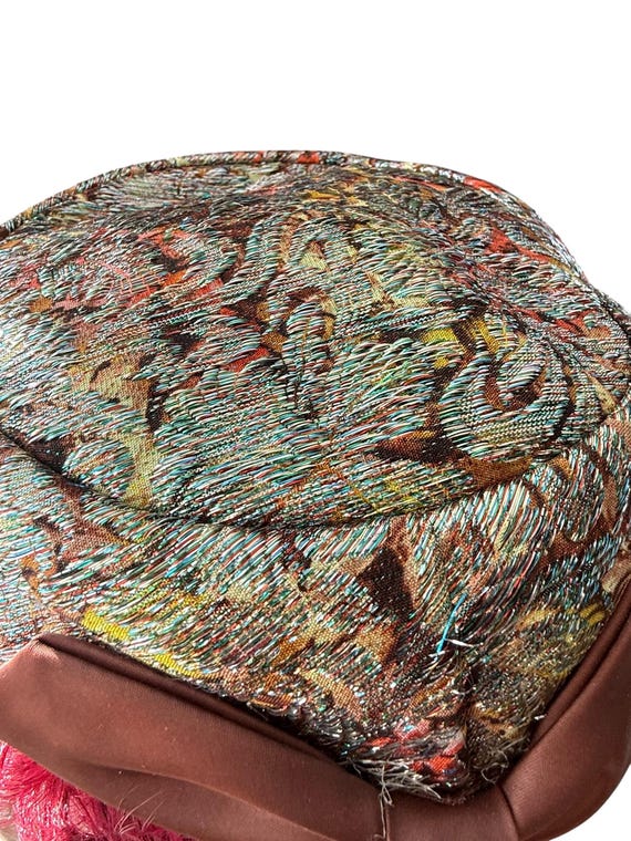Vintage 1960’s metallic gold floral brocade Tall beehive Pill Box Hat Vintage 1960s Metallic Brocade Pillbox Hat With Satin Bow - Etsy main image 3