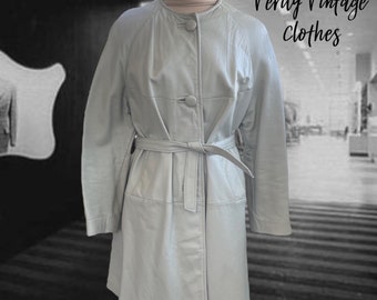 Vintage Mod 1960s 1970s Grey Leather Coat with a Belt, Collarless, 60s Belted Coat, Pockets, Mid Century Clothing, Overcoat